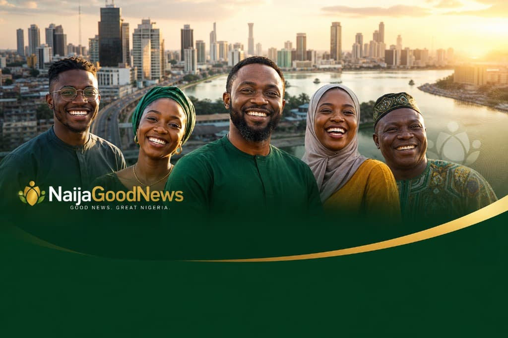 NaijaGoodNews — Good News. Great Nigeria. Diverse Nigerians smiling with Lagos skyline at golden hour.